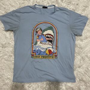 Stay Positive Comics Print Shark T-Shirt Light Blue Size XL ROMWE